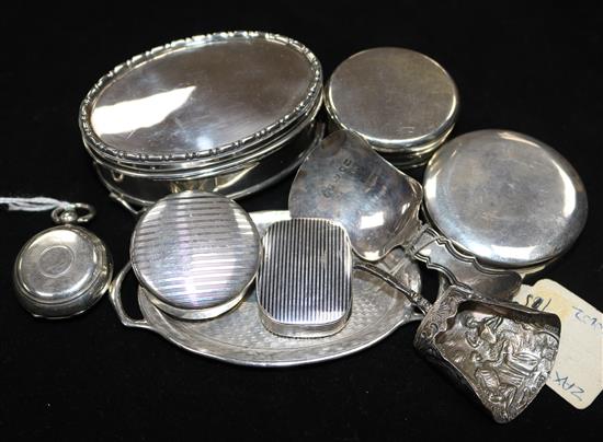 A silver sovereign case, six small boxes, various (one unmarked), two caddy spoons and a pin tray,